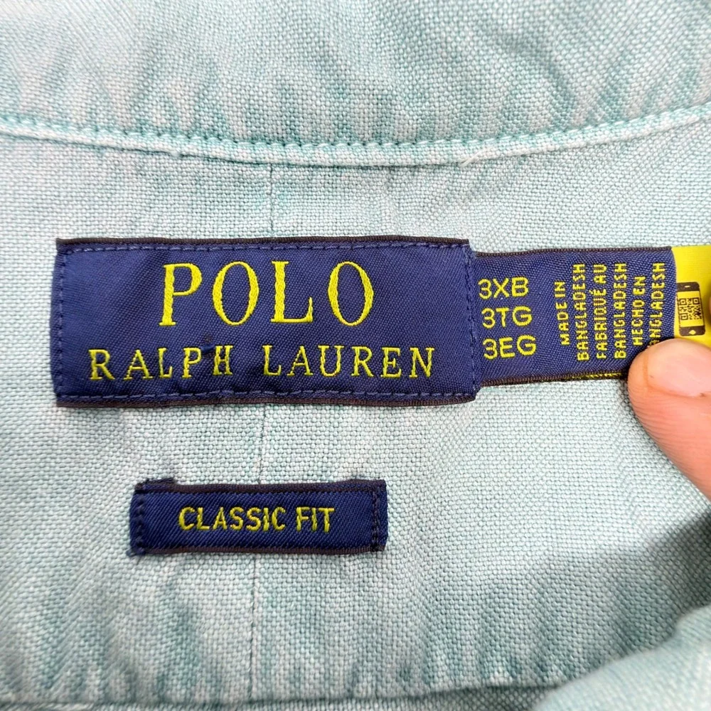Polo Ralph Lauren Button Front Shirt Mens 3XB Aqua Blue Cotton Classic Fit